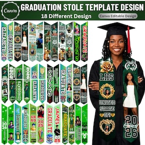 May include: A graduation stole template design with 18 different designs. The stoles are green and white with text that says "Graduate", "2025", "2026", and "LHS". The image also includes a woman wearing a graduation gown and stole.