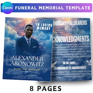以下が含まれることがあります： スーツを着た男性の写真、テキスト「In Loving Memory」と「Alexander Aronowitz」が特徴の葬儀追悼テンプレート。テンプレートには、追悼サービスの詳細と謝辞が含まれています。デザインは青と白です。