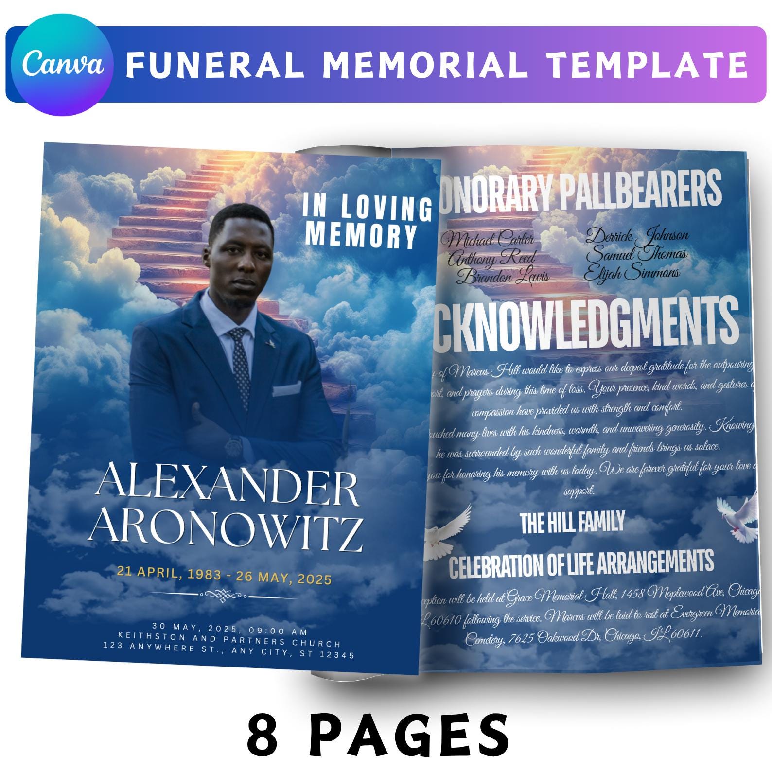 Blue and White Funeral Program Canva Template, Celebration Of Life Brown, 8 Page Editable Memorial Booklet, Loving Memory, Obituary Design