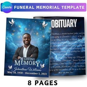 May include: Funeral memorial template with a photo of a smiling man. The design includes the text "In Loving Memory" and the name and dates of the deceased. The word "Obituary" is also visible.