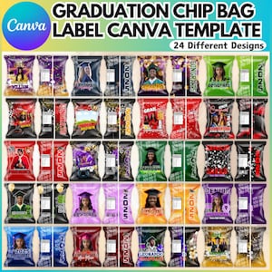 May include: A set of 24 printable chip bag labels featuring graduation themes. The labels are designed with various colors, patterns, and text, including "Congrats", "Grad", and "Class of 2025".