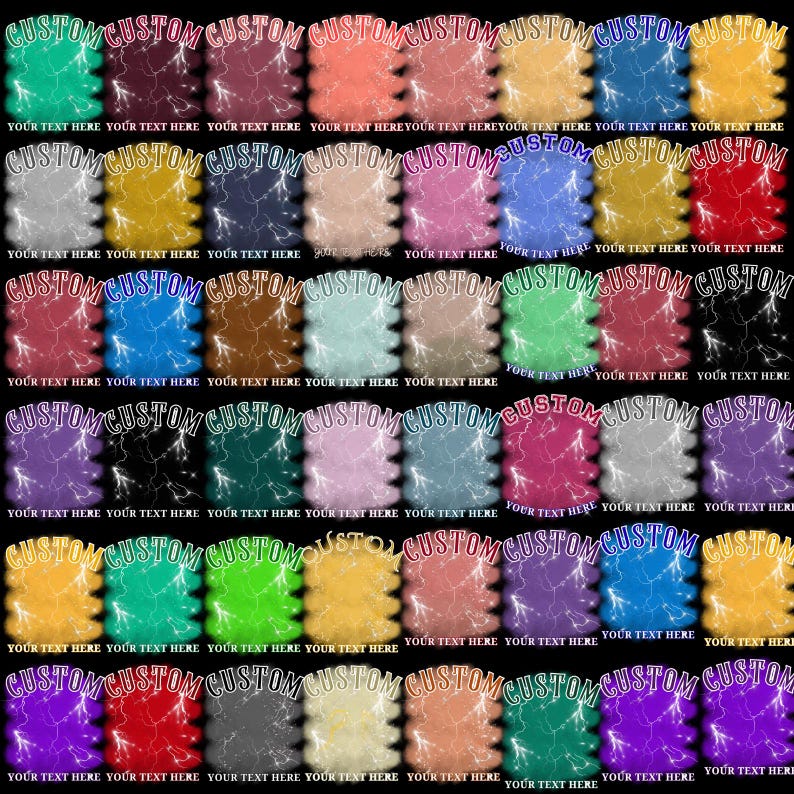 May include: A grid of colorful digital designs with a lightning bolt effect. Each design has the word "CUSTOM" in white arched text at the top and the words "YOUR TEXT HERE" at the bottom. The designs are in various colors.