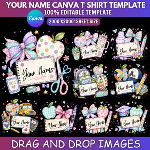 Puede incluir: Una plantilla digital de camiseta para Canva que presenta múltiples ilustraciones con temática escolar, incluyendo manzanas, lazos, tijeras, pegamento, mochilas y autobuses escolares. Cada gráfico incluye un bloc de notas con el texto Your Name.