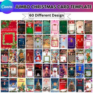 May include: A digital template for jumbo Christmas cards, featuring 60 unique designs. The cards showcase festive imagery, including Christmas trees, snowmen, and holiday greetings. The template is designed for use with Canva, offering a variety of options for creating personalized holiday cards.