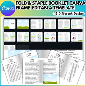 Fold & Staple Booklet Canva Editable Template, Fold Book Canva Frame Book with 15 Pages, Printable Template Book for Kids, 8.5x11 Landscape