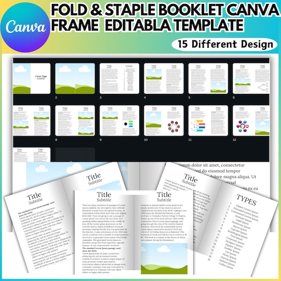 Fold & Staple Booklet Canva Editable Template, Fold Book Canva Frame Book with 15 Pages, Printable Template Book for Kids, 8.5x11 Landscape