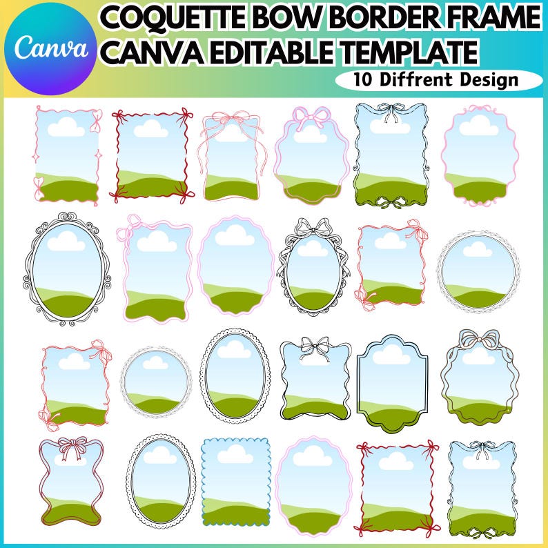 Coquette Bow Border Canva Editable Frames Bundle, Custom Bow Canva ...