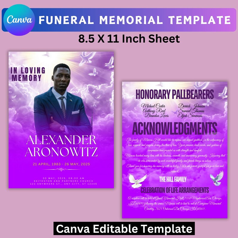 Purple Funeral Program Canva Template, Obituary Design, Celebration of ...