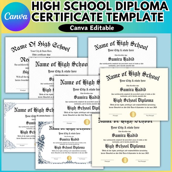 Certificate Diploma Canva Editable Template, High School Certificate Template, Canva Certificate Design, Canva Digital Download, Home School
