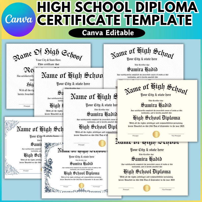 May include: A set of printable high school diploma templates in black and white with gold accents. The templates feature a traditional design with ornate borders and a space for the school name, city, state, graduate's name, and the date of graduation. The text "High School Diploma" is included on each template.