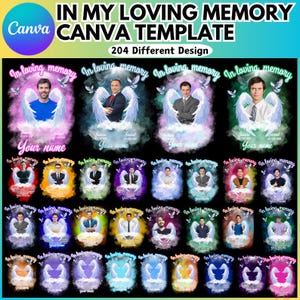 May include: A collection of 204 digital templates for creating memorial tributes. Each template features a person with angel wings, a cloud, and the text "In loving memory". The templates are available in a variety of colors.
