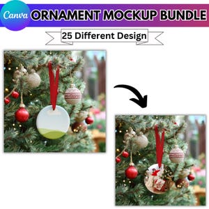 May include: A mockup bundle of Christmas ornaments. The image shows a round ornament with a red ribbon hanging on a Christmas tree. The ornament has a landscape design. The text "25 Different Design" is also visible.