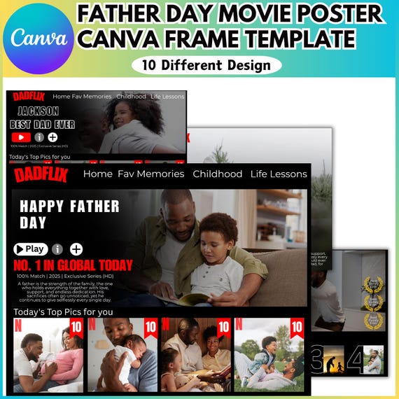 Dad Flix Canva Editable Template, Father's Day Collage Design, Father's Day Gift, Best Dad Ever Template, Movie Poster Personalized Poster