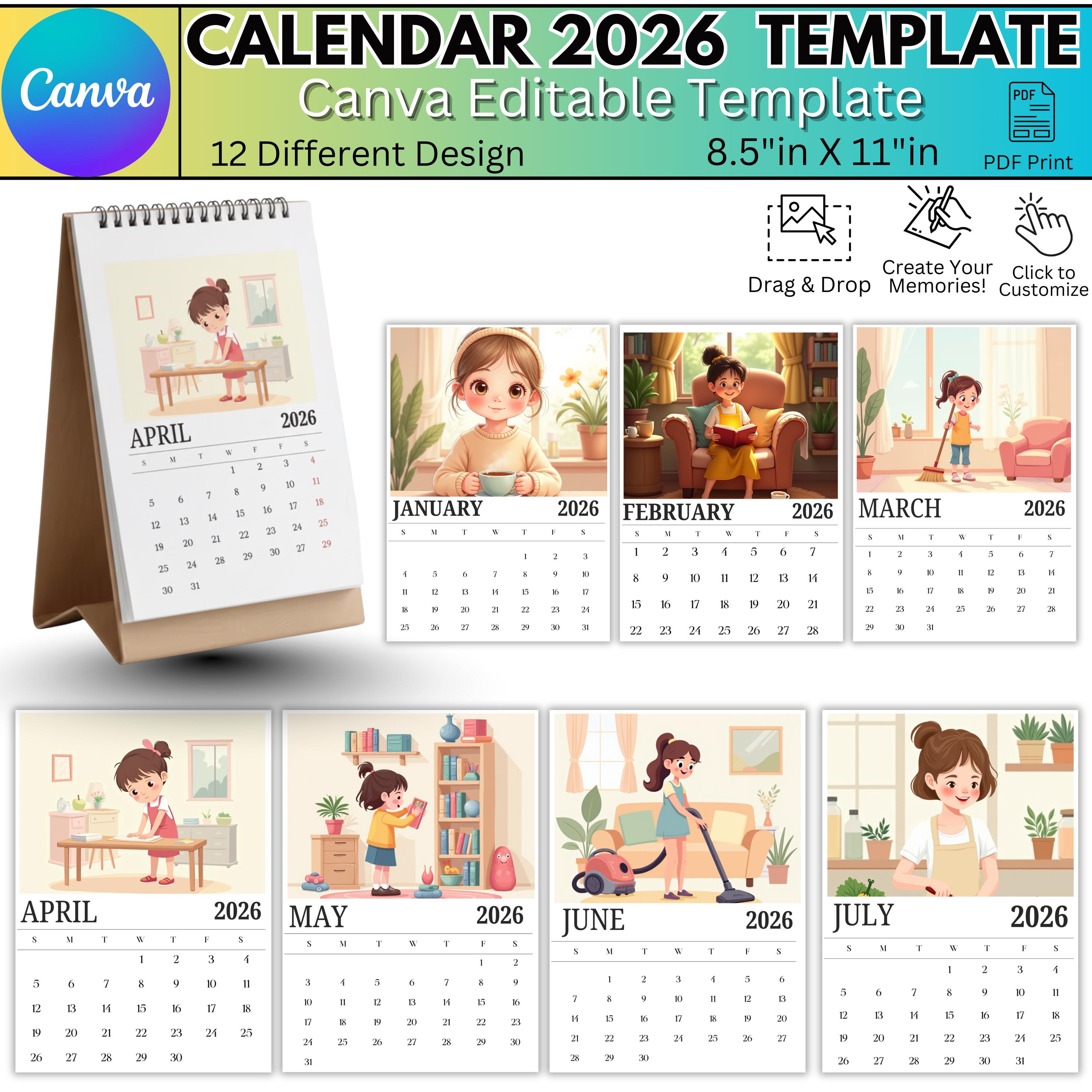 2026 Canva Calendar Template, Editable Kids Monthly Calendar, Family ...