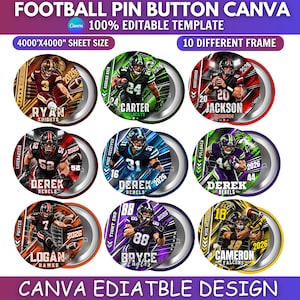 Può includere: Un modello digitale per spille da football con nove design circolari che mostrano vari giocatori in azione, nomi di squadre, nomi di giocatori e l'anno 2026. Il testo include FOOTBALL PIN BUTTON CANVA 100% EDITABLE TEMPLATE.