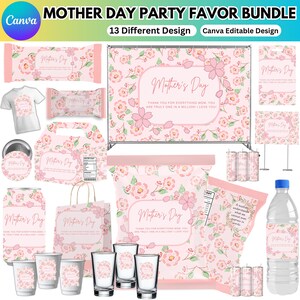 Op de afbeelding: Een Moederdag-feestpakket met 13 verschillende ontwerpen. De items omvatten een t-shirt, snoepreepverpakkingen, een cadeauzakje, een banner, bekers, borrelglaasjes, een waterfles en meer. Alle items hebben een roze bloemenontwerp en de tekst "Mother's Day."