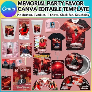 Peut inclure: Divers articles de fête commémorative, comprenant des badges, des gobelets, des t-shirts et des porte-clés. Les motifs présentent des photos, des noms et des dates sur fond rouge et noir. Le texte comprend "In Loving Memory".