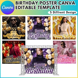 Peut inclure: Un modèle numérique pour affiches d'anniversaire, avec cinq designs différents. Chaque design comprend un message "Joyeux Anniversaire", avec des images de personnes, de ballons et de thèmes festifs. Le modèle Canva est modifiable.