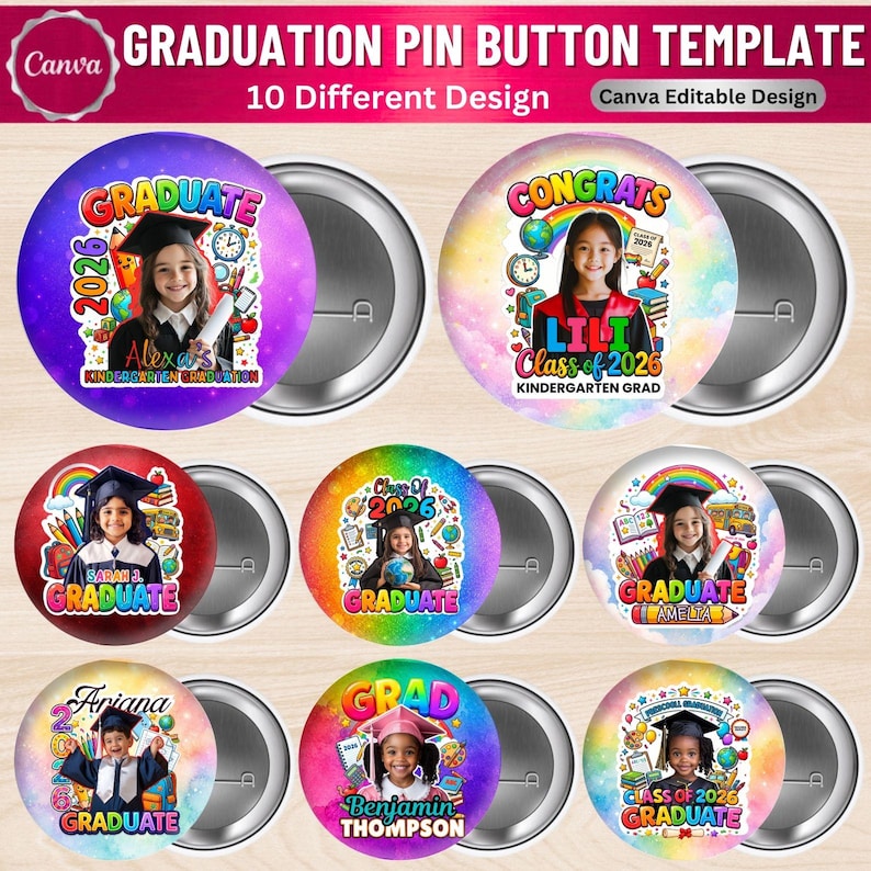 10 Pre-k & Kindergarten Graduation Pin Button Templates | Editable ...