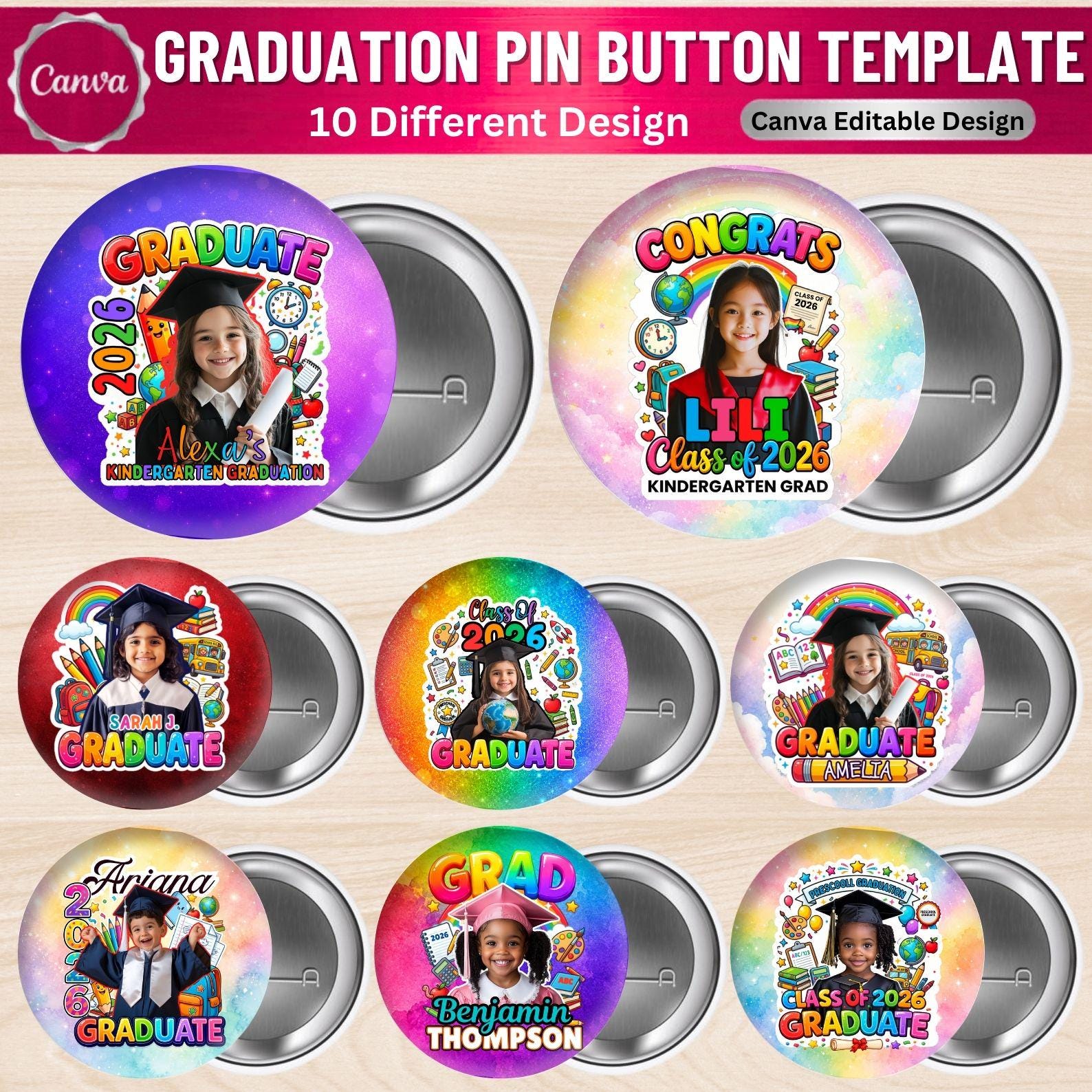 10 Pre-k & Kindergarten Graduation Pin Button Templates | Editable ...