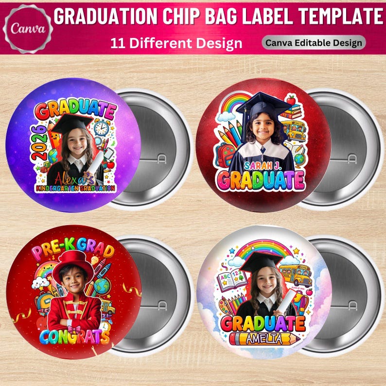 10 Pre-k & Kindergarten Graduation Pin Button Templates | Editable ...