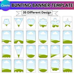 May include: A template for bunting banners with 35 different designs. The banners feature various shapes, including triangles, hearts, and stars, with a landscape scene of green hills and blue skies. The Canva logo is in the upper left corner.