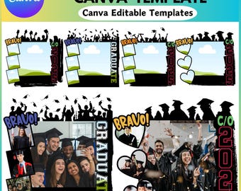 May include: A graduation photo frame template with a black background and a colorful design. The frame includes the text "BRAVO!" and "GRADUATE" in a colorful font. The frame also includes the text "C/O 2025" in a red and white font. The frame is designed to be used for graduation photos.
