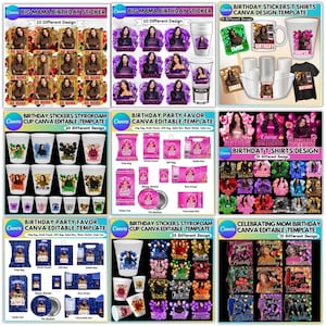 以下が含まれることがあります： 誕生日をテーマにしたテンプレートのコレクション。ステッカー、Tシャツ、パーティーの記念品など。女性の写真、テキスト、さまざまな装飾要素がデザインされています。テンプレートはカスタマイズ可能で、パーソナライズされた誕生日アイテムの作成に適しています。