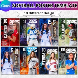 Puede incluir: Una plantilla de póster de softbol con el texto "SOFTBALL POSTER TEMPLATE" y "10 Different Design". El póster presenta imágenes de jugadoras de softbol con nombres de equipos y números. El logotipo de Canva está en la esquina superior izquierda.