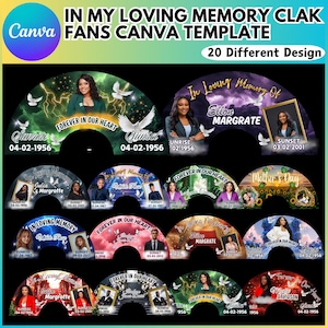 May include: A Canva template design featuring 20 different fan designs. Each fan has a semi-circular shape with a photo, text, and decorative elements. The text includes phrases like "In Loving Memory Of" and "Forever in Our Heart."