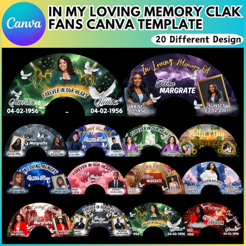 May include: A Canva template design featuring 20 different fan designs. Each fan has a semi-circular shape with a photo, text, and decorative elements. The text includes phrases like "In Loving Memory Of" and "Forever in Our Heart."