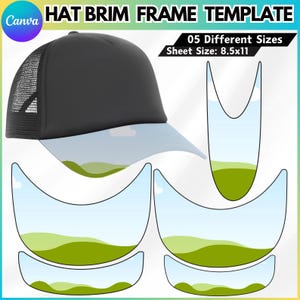 Puede incluir: Gorra de camionero negra con parte trasera de malla y visera azul claro con diseño de paisaje. La imagen incluye una plantilla con contornos de ala de sombrero y el texto "HAT BRIM FRAME TEMPLATE" y "05 Different Sizes Sheet Size: 8.5x11".
