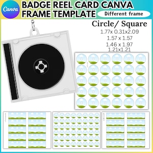 Può includere: Un modello di cornice per tesserino trasparente con un inserto nero a forma di CD. L'immagine include vari design di cornici, tra cui cerchi e quadrati, con dimensioni in cm. Il testo include "BADGE REEL CARD CANVA FRAME TEMPLATE".
