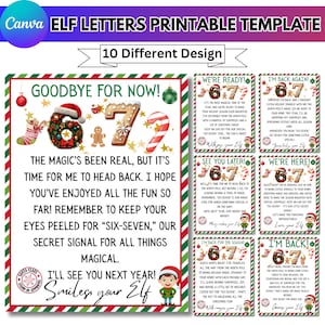 May include: Printable Christmas elf letters template with 10 different designs. The template includes festive messages with holiday graphics, such as candy canes, ornaments, and Santa hats. The text includes phrases like "Goodbye for now" and "I'm back!"