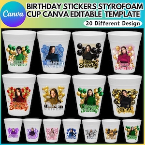 Birthday Styrofoam Cup Sticker Editable Template, Birthday Party Styrofoam Cup Design, Cup Sticker Template, Customize Party Cups, Digital
