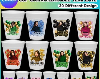 Birthday Styrofoam Cup Sticker Editable Template, Birthday Party Styrofoam Cup Design, Cup Sticker Template, Customize Party Cups, Digital