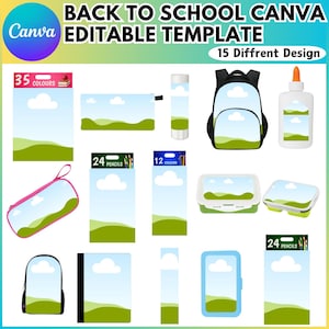 May include: A graphic featuring various back-to-school items with a landscape design, including a backpack, pencil case, glue bottle, and lunchbox. The text "BACK TO SCHOOL CANVA EDITABLE TEMPLATE" is at the top, with "15 Diffrent Design" below it.