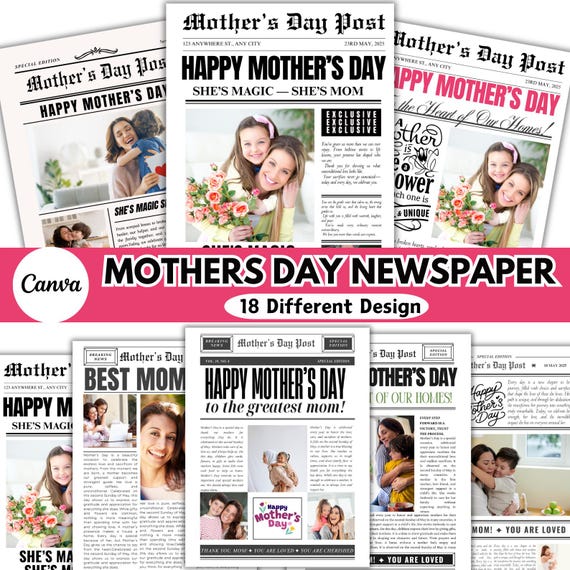 Mothers Day Newspaper Canva Editable Bundle, Mothers Day Gift Design, Personalized gift, Mother Day Newspaper Bouquet wrap, Newspaper wrap