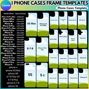 Może przedstawiać: Grafika prezentująca szablony ramek do etui na iPhone'a. Obraz przedstawia różne wzory etui z wymiarami w cm, w tym modele takie jak iPhone 16 Pro Max (16.00x7.70 cm) i iPhone 11 (15.01x7.57 cm).