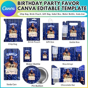 May include: A collection of party favor templates with a blue and gold theme. Includes chip bags, drink pouches, gift boxes, gable boxes, water bottles, soda cans, pin buttons, rice krispies, and chocolate bars. Each item features the name "Isabella" and "Happy Birthday" text.