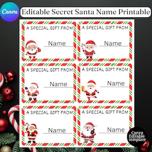 May include: A printable Secret Santa name tag template with six rectangular labels. Each label features a red and green border, the text "A SPECIAL GIFT FROM", a space for a name, and a cartoon Santa Claus illustration. The Canva logo is visible.