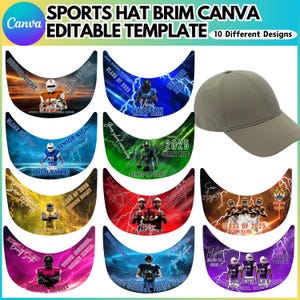 May include: A selection of sports hat brim designs with editable templates, featuring football players and text that reads "Senior Night" and "Class of 2025." An olive green baseball cap is also shown. The text "SPORTS HAT BRIM CANVA EDITABLE TEMPLATE" is at the top.