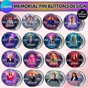 May include: A collection of twenty memorial pin buttons with various portraits and the text "In Loving Memory." Each button features a different person, the name "Olivia," and dates. The design includes a Canva logo and the words "Memorial Pin Buttons Design."