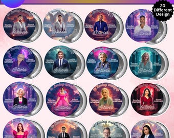 May include: A collection of twenty memorial pin buttons with various portraits and the text "In Loving Memory." Each button features a different person, the name "Olivia," and dates. The design includes a Canva logo and the words "Memorial Pin Buttons Design."