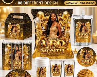 Leo SZN Birthday Template Bundle, Custom Photo Zodiac Cup Wrap, Birthday Party Favor Sticker, Editable Canva Template, Digital Download