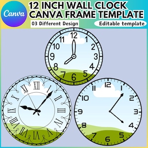 May include: Three different designs for a 12 inch wall clock. The clocks feature a blue sky with white clouds, green grass, and black Roman numeral hour markers. The first clock has black hands, the second clock has black hands with a decorative design, and the third clock has black hands with a simple design.