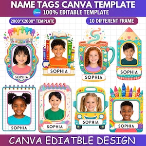 Pode incluir: Um modelo digital Canva apresentando dez molduras coloridas para etiquetas de nome com várias ilustrações escolares, como pincéis, livros, canecas, lápis, cadernos e ônibus escolares. Cada moldura inclui um espaço para uma foto e o nome SOPHIA.