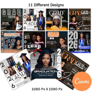 May include: A collection of 11 graduation announcement designs. Each design features a photo of a graduate, the year 2026, and the word "GRAD" or "GRADUATE". The announcements have various color schemes and layouts, with some including event details.