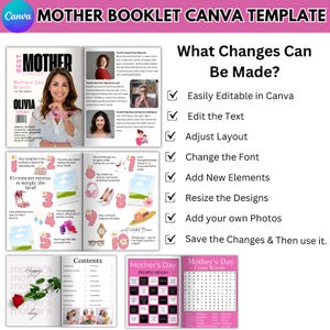 May include: A pink and white printable booklet template for Mother's Day. The booklet includes a cover page with the word "Mother" in a pink and white font, a page with 10 reasons why someone is the best, a page with a Mother's Day bingo card, and a page with a Mother's Day crossword puzzle. The text "What Changes Can Be Made?" is at the top of the page, followed by a list of changes that can be made to the template, such as editing the text, adjusting the layout, changing the font, adding new elements, resizing the designs, adding your own photos, and saving the changes.