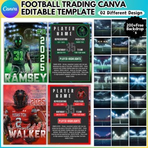 May include: Football trading Canva editable template with two designs. Includes player profile templates with space for name, position, and highlights. Features a selection of football field backdrops.
